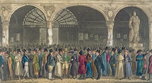 トムとジェリーが証券取引所を訪問、ピアースイーガン作「ロンドンの生活」（1821年）（アクアチント色）